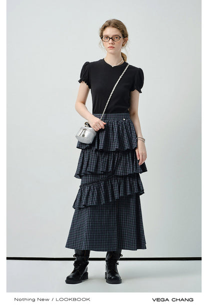 Ruffled Tiered Plaid Maxi Skirt With Side Slit