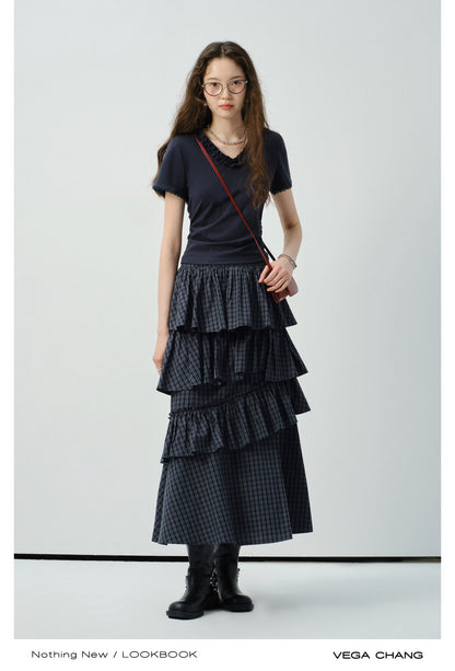 Ruffled Tiered Plaid Maxi Skirt With Side Slit