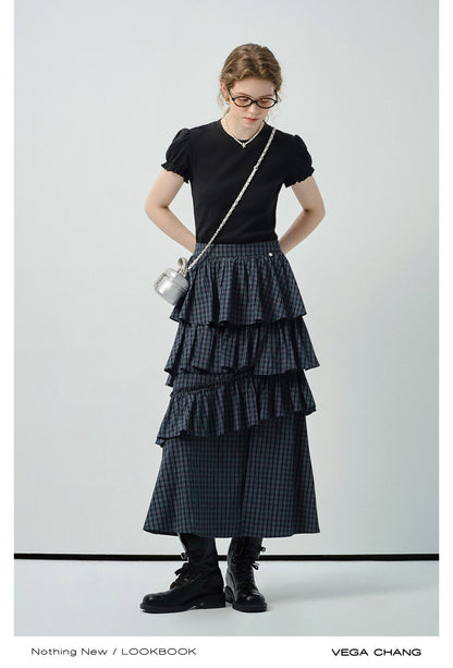 Ruffled Tiered Plaid Maxi Skirt With Side Slit
