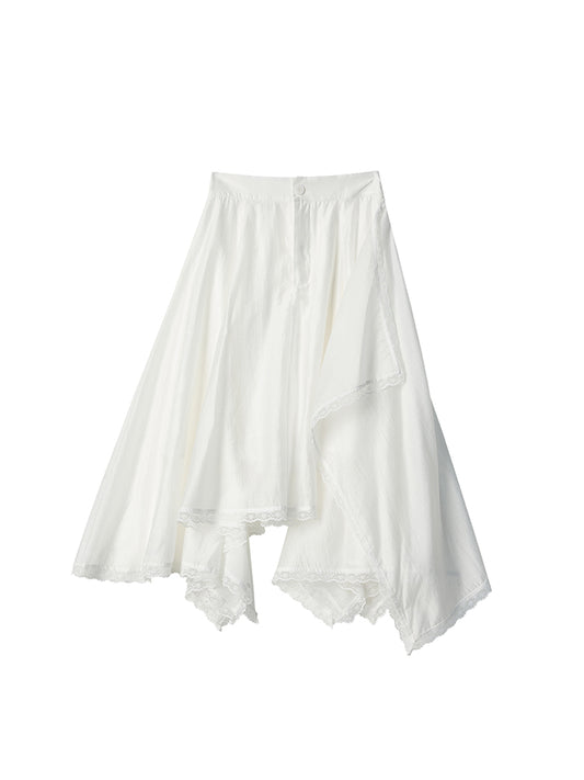 Lace-Trimmed Glossy Asymmetrical Skirt