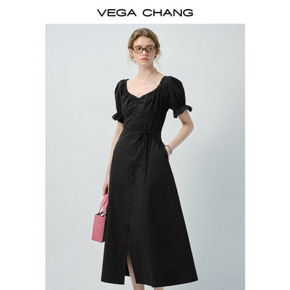 Zip-Up Puff Sleeve Shirt Dress With Slit
