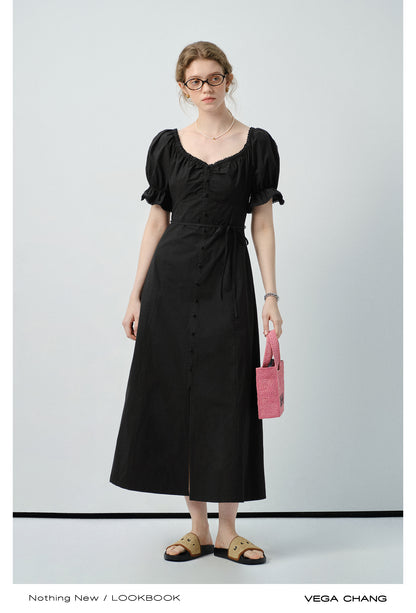 Zip-Up Puff Sleeve Shirt Dress With Slit