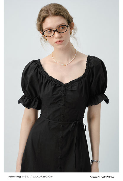 Zip-Up Puff Sleeve Shirt Dress With Slit