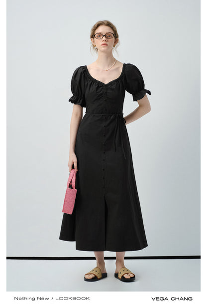 Zip-Up Puff Sleeve Shirt Dress With Slit