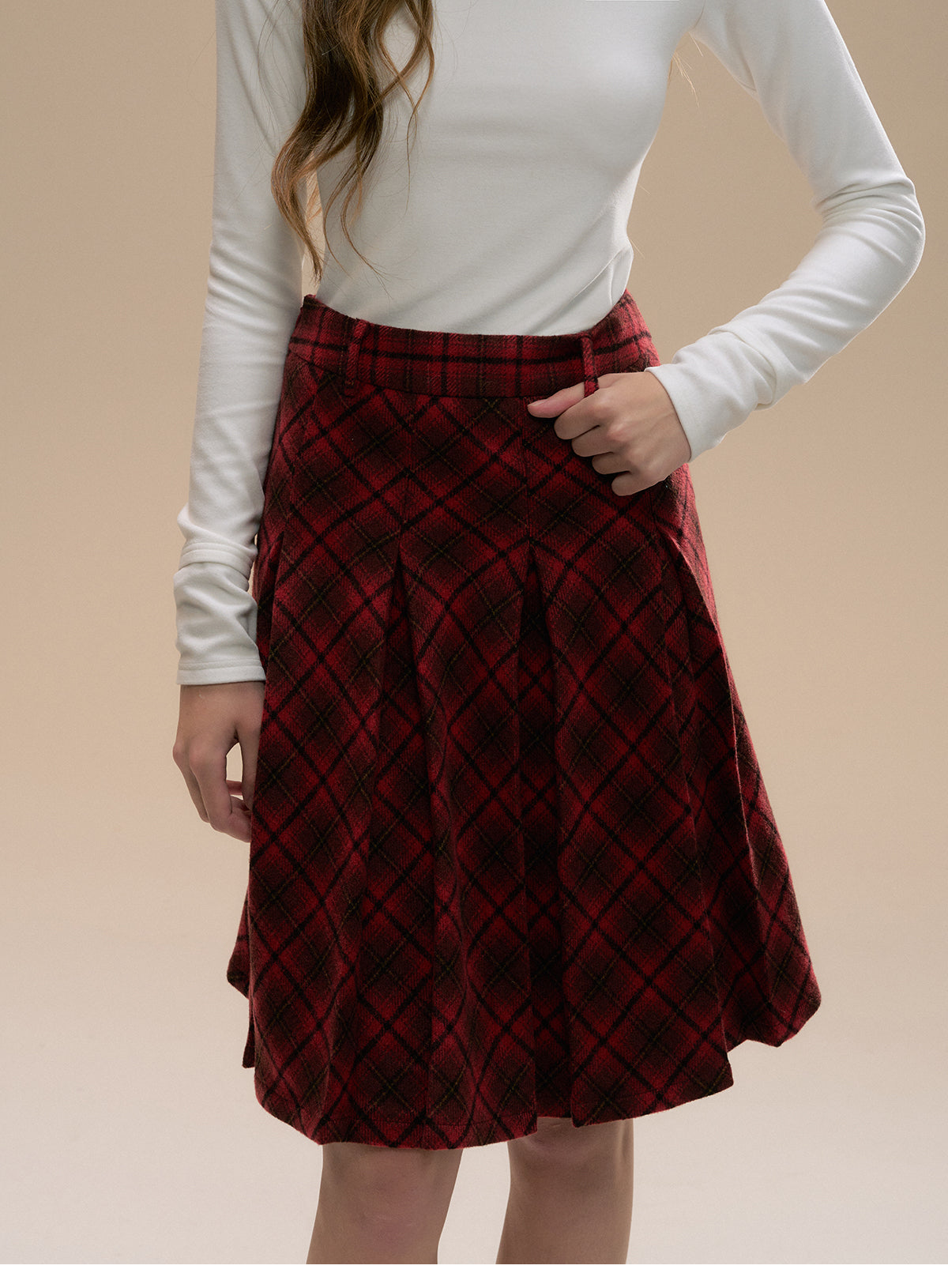 High Waist Plaid Pleated Midi Skirt