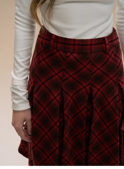 High Waist Plaid Pleated Midi Skirt