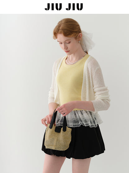 Open-Front Cropped Sheer Knit Cardigan