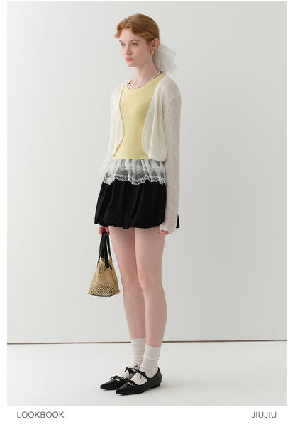 Open-Front Cropped Sheer Knit Cardigan