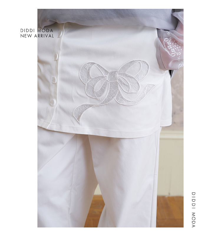 Wide-Leg Pants With Bow-Patched Skirt Overlay