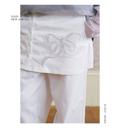 Wide-Leg Pants With Bow-Patched Skirt Overlay