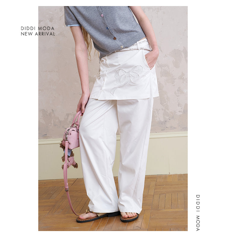 Wide-Leg Pants With Bow-Patched Skirt Overlay