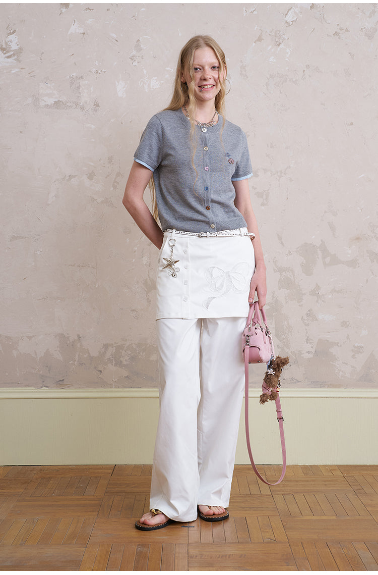 Wide-Leg Pants With Bow-Patched Skirt Overlay