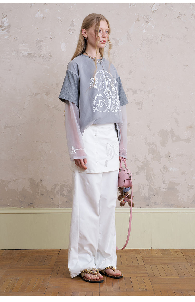 Wide-Leg Pants With Bow-Patched Skirt Overlay