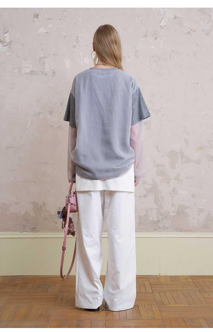 Wide-Leg Pants With Bow-Patched Skirt Overlay