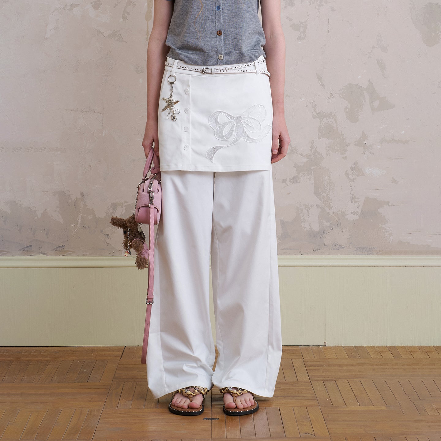 Wide-Leg Pants With Bow-Patched Skirt Overlay