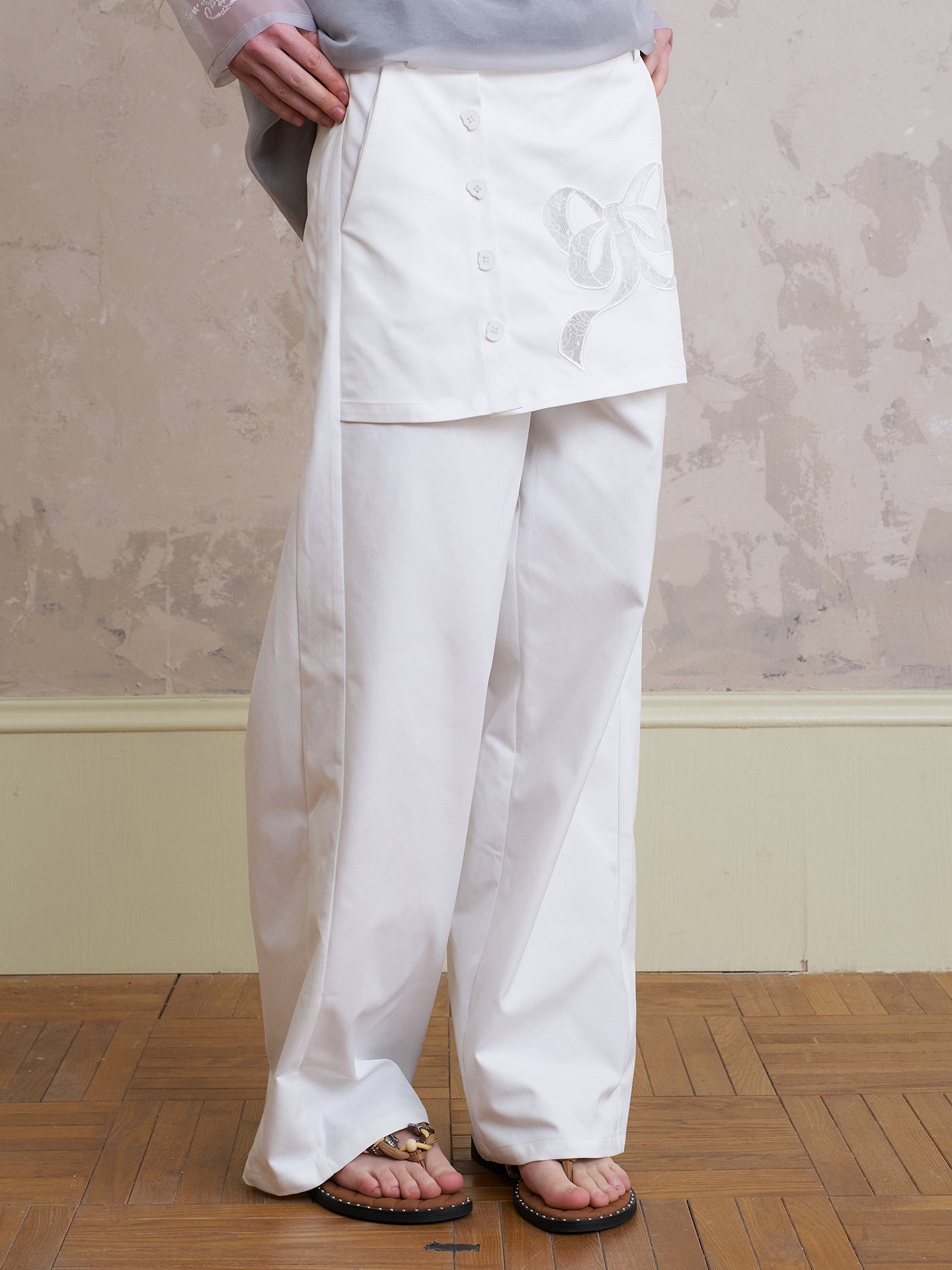 Wide-Leg Pants With Bow-Patched Skirt Overlay