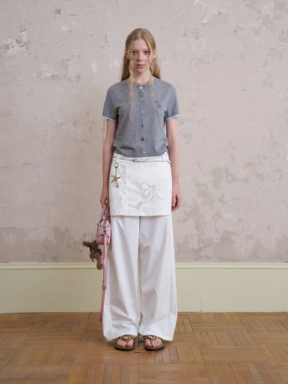 Wide-Leg Pants With Bow-Patched Skirt Overlay