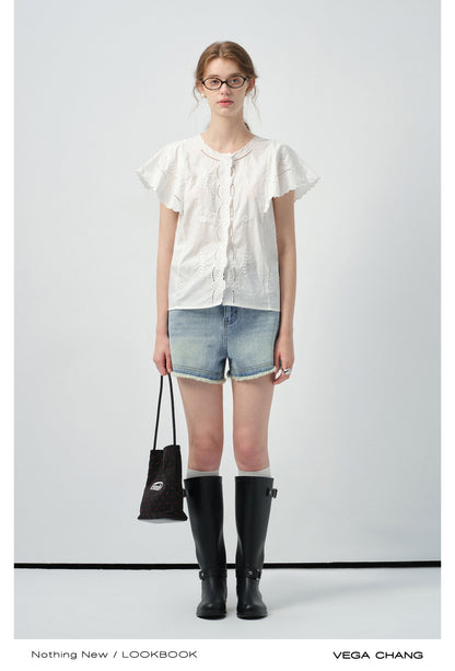 High-Waist Washed Denim Raw-Edge Shorts