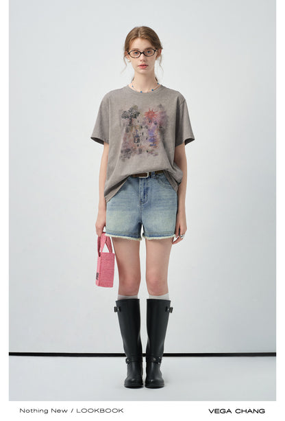 High-Waist Washed Denim Raw-Edge Shorts