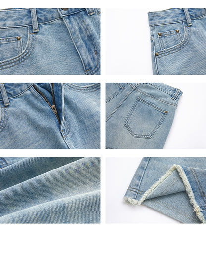 High-Waist Washed Denim Raw-Edge Shorts