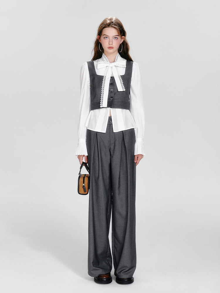 Square Collar Waistcoat, Tie Neck Blouse, Tuck Trousers