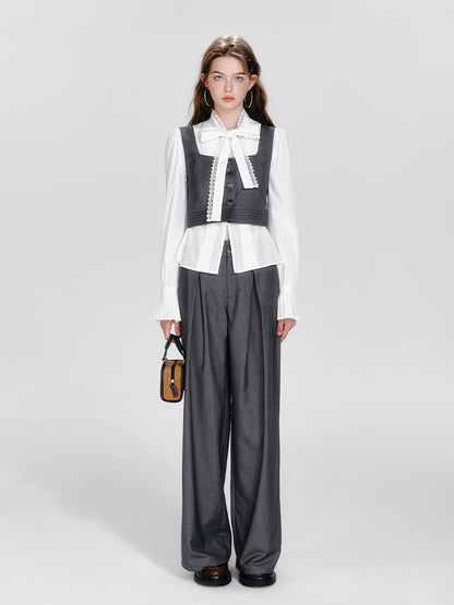 Square Collar Waistcoat, Tie Neck Blouse, Tuck Trousers
