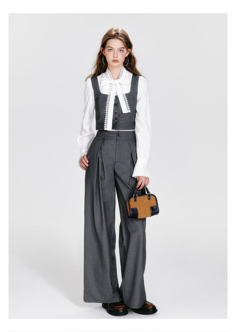 Square Collar Waistcoat, Tie Neck Blouse, Tuck Trousers