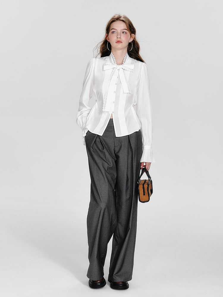 Square Collar Waistcoat, Tie Neck Blouse, Tuck Trousers