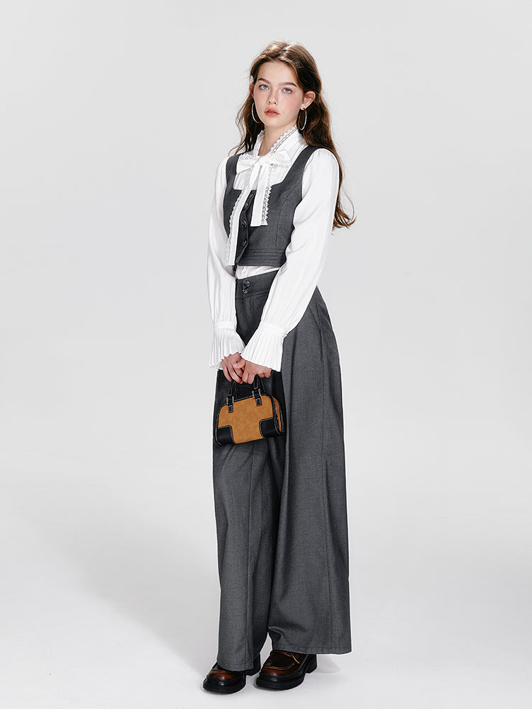 Square Collar Waistcoat, Tie Neck Blouse, Tuck Trousers