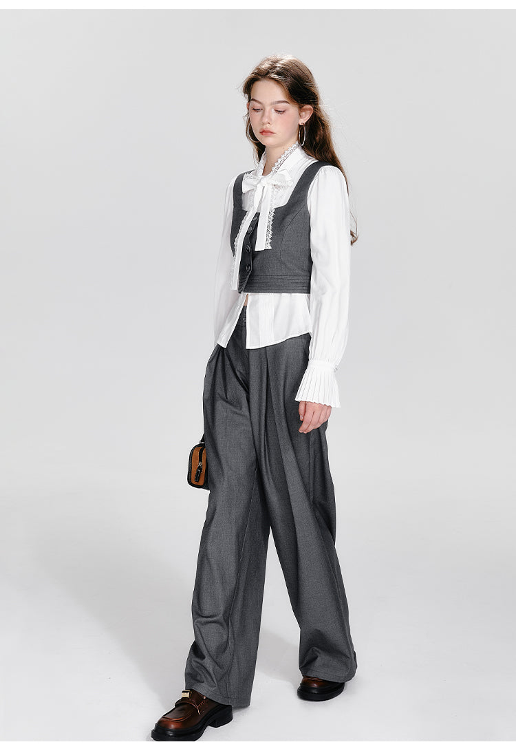 Square Collar Waistcoat, Tie Neck Blouse, Tuck Trousers