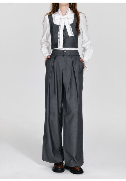 Square Collar Waistcoat, Tie Neck Blouse, Tuck Trousers