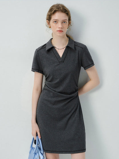 Side-Gathered Collared Mini Dress With Exposed Stitching