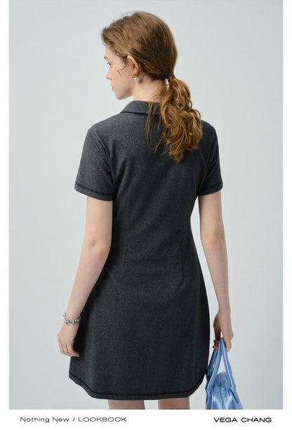 Side-Gathered Collared Mini Dress With Exposed Stitching