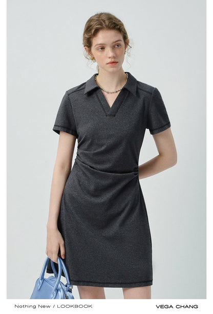 Side-Gathered Collared Mini Dress With Exposed Stitching