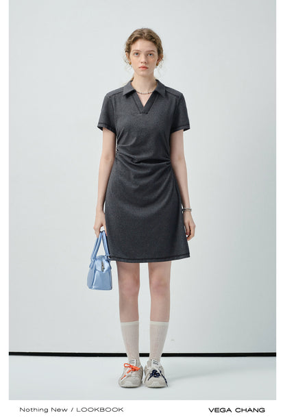 Side-Gathered Collared Mini Dress With Exposed Stitching