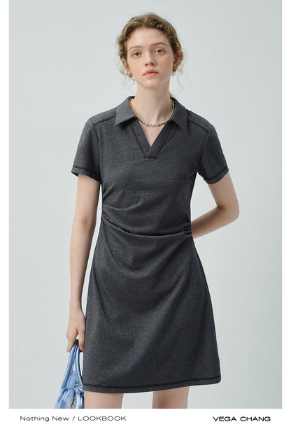 Side-Gathered Collared Mini Dress With Exposed Stitching