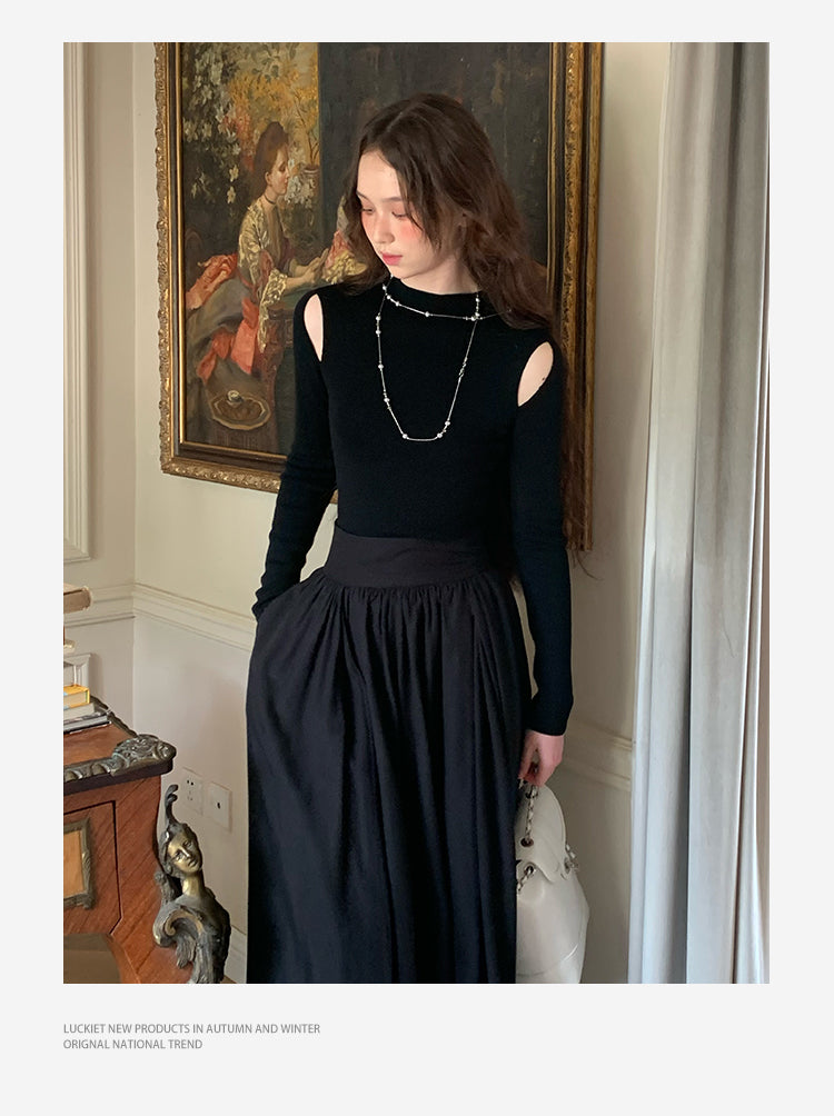 Hepburn-Inspired Cold Shoulder Maxi Dress