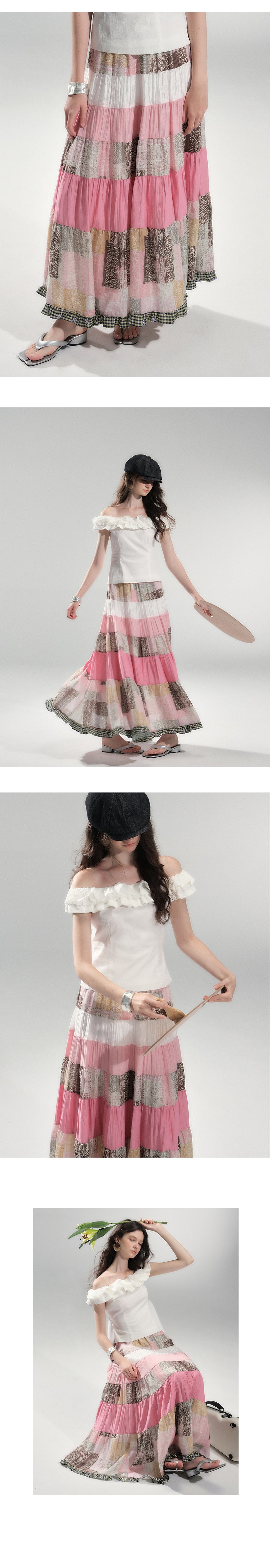 Tiered Patchwork Maxi Skirt With Frilled Hem