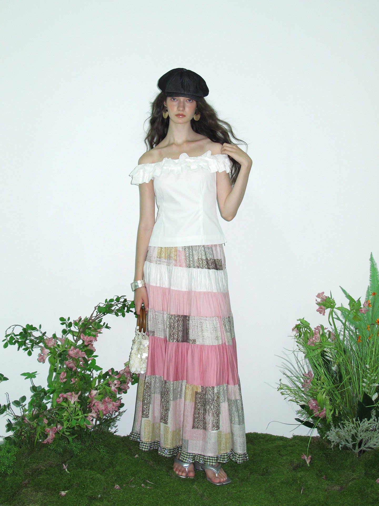 Tiered Patchwork Maxi Skirt With Frilled Hem
