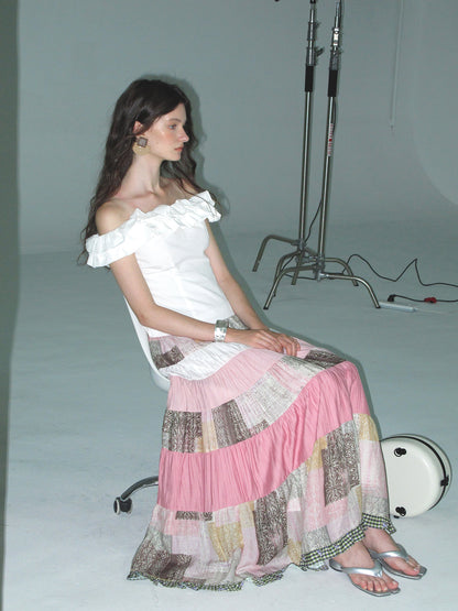 Tiered Patchwork Maxi Skirt With Frilled Hem