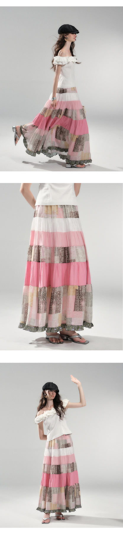 Tiered Patchwork Maxi Skirt With Frilled Hem