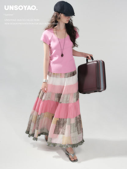 Tiered Patchwork Maxi Skirt With Frilled Hem