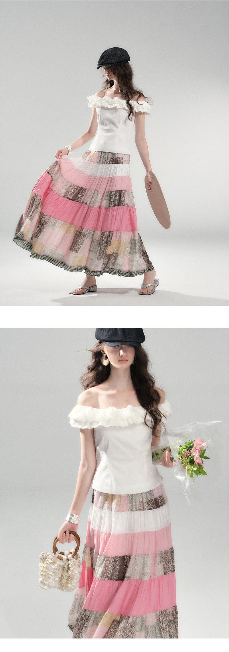 Tiered Patchwork Maxi Skirt With Frilled Hem