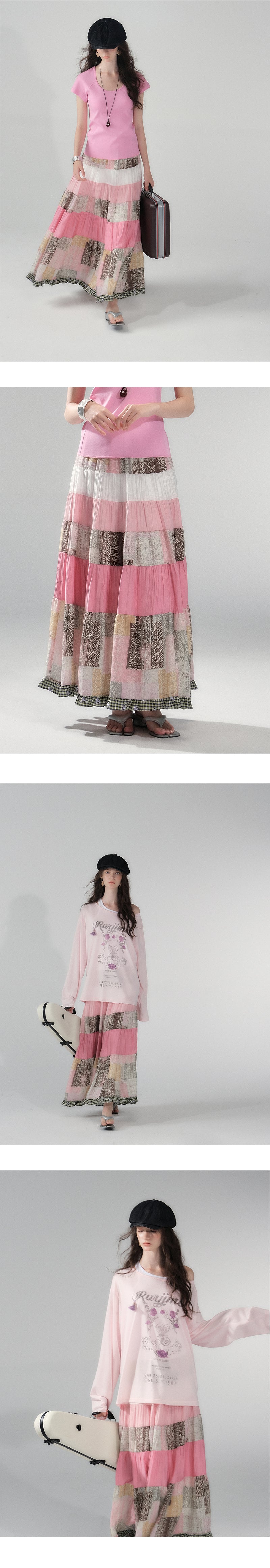 Tiered Patchwork Maxi Skirt With Frilled Hem