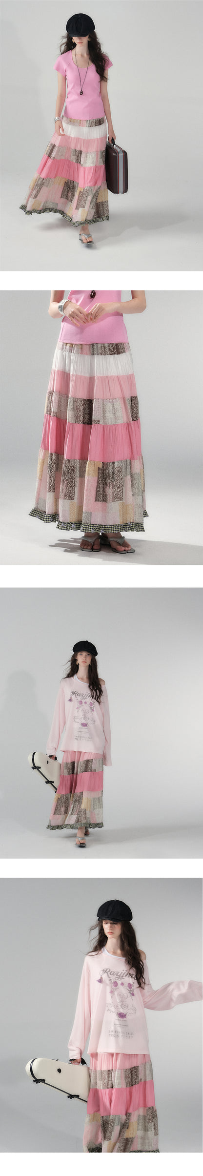 Tiered Patchwork Maxi Skirt With Frilled Hem