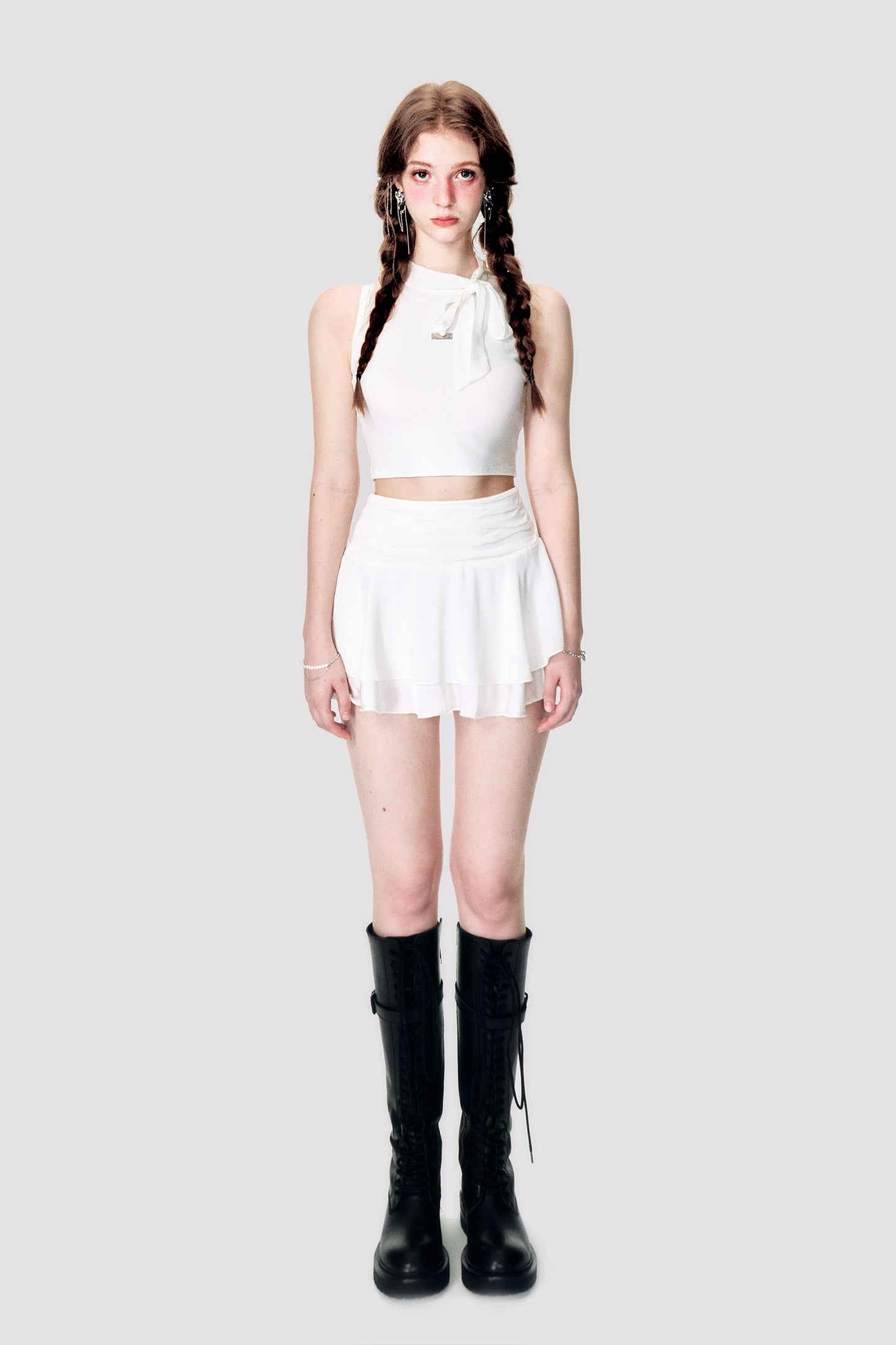 Sleeveless Crop Top With Scarf Detail And Matching Skirt