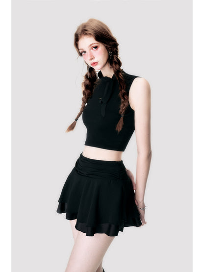 Sleeveless Crop Top With Scarf Detail And Matching Skirt