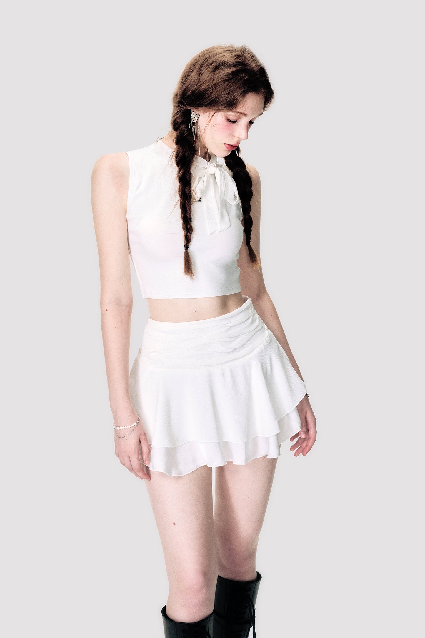Sleeveless Crop Top With Scarf Detail And Matching Skirt