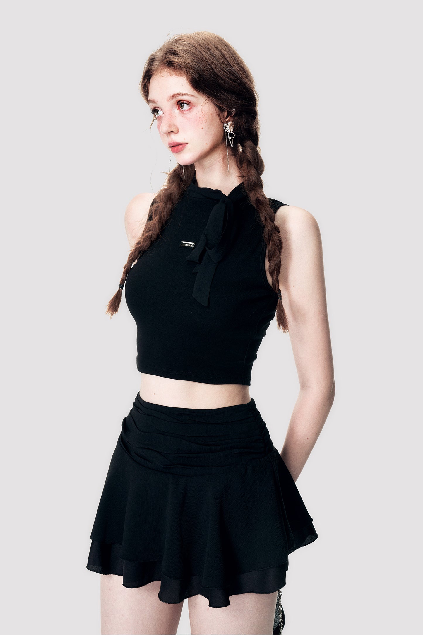 Sleeveless Crop Top With Scarf Detail And Matching Skirt