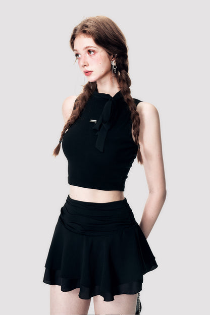 Sleeveless Crop Top With Scarf Detail And Matching Skirt